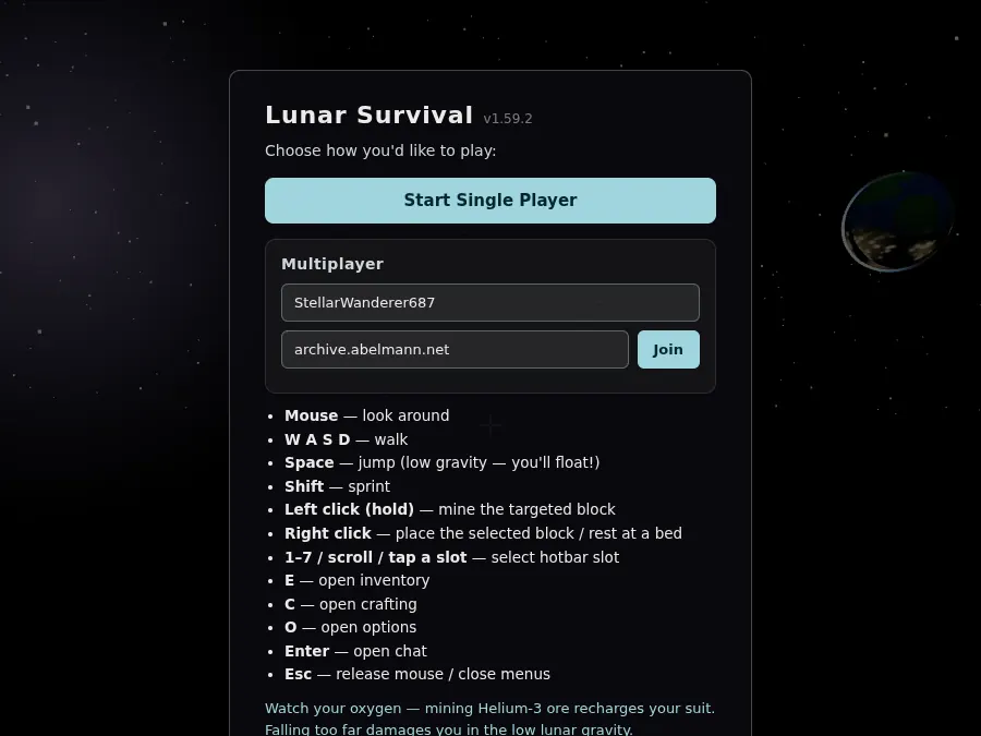 Startbildschirm des Browserspiels Lunar Survival im Weltall